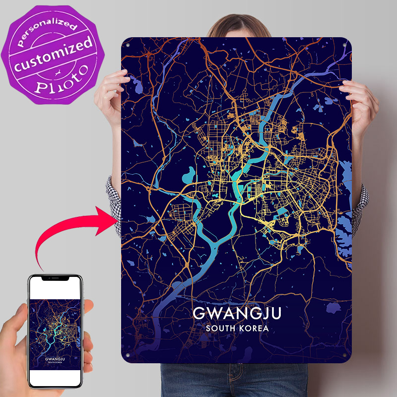 Custom Map Poster - โปสเตอร์โลหะลายสามมิติแผนที่เมืองกว่างจู งานศิลปะตกแต่งผนังแบบกำหนดเอง ป้ายโลหะ ของขวัญสำหรับตกแต่งห้องทำงาน ห้องแมนเคฟ ป้ายตลก