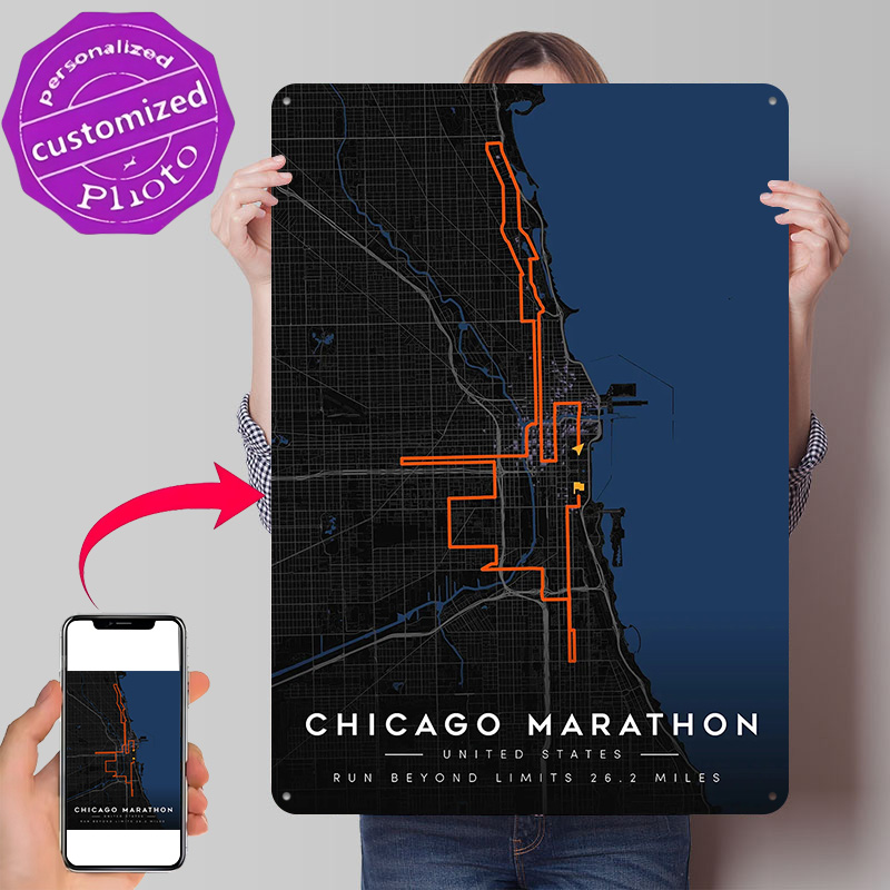 Custom Map Poster - แผนที่เส้นทางวิ่งมาราธอนชิคาโก 3 มิติ พิมพ์ลายโปสเตอร์ ป้ายโลหะวินเทจสั่งทำพิเศษสำหรับตกแต่งผนังห้องนั่งเล่น